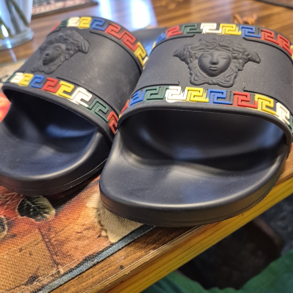 Versace Blue and Red Sandals with Greek Key Design